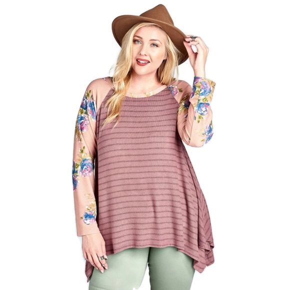 Oddi Tops - Oddi Floral & Striped Knit Trapeze Tunic, Mauve